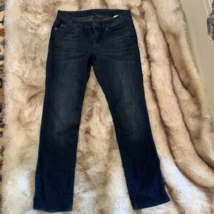 Gap jeans, 6/28 s. Dark blue with Slightly distressed areas. Zip and button fly.